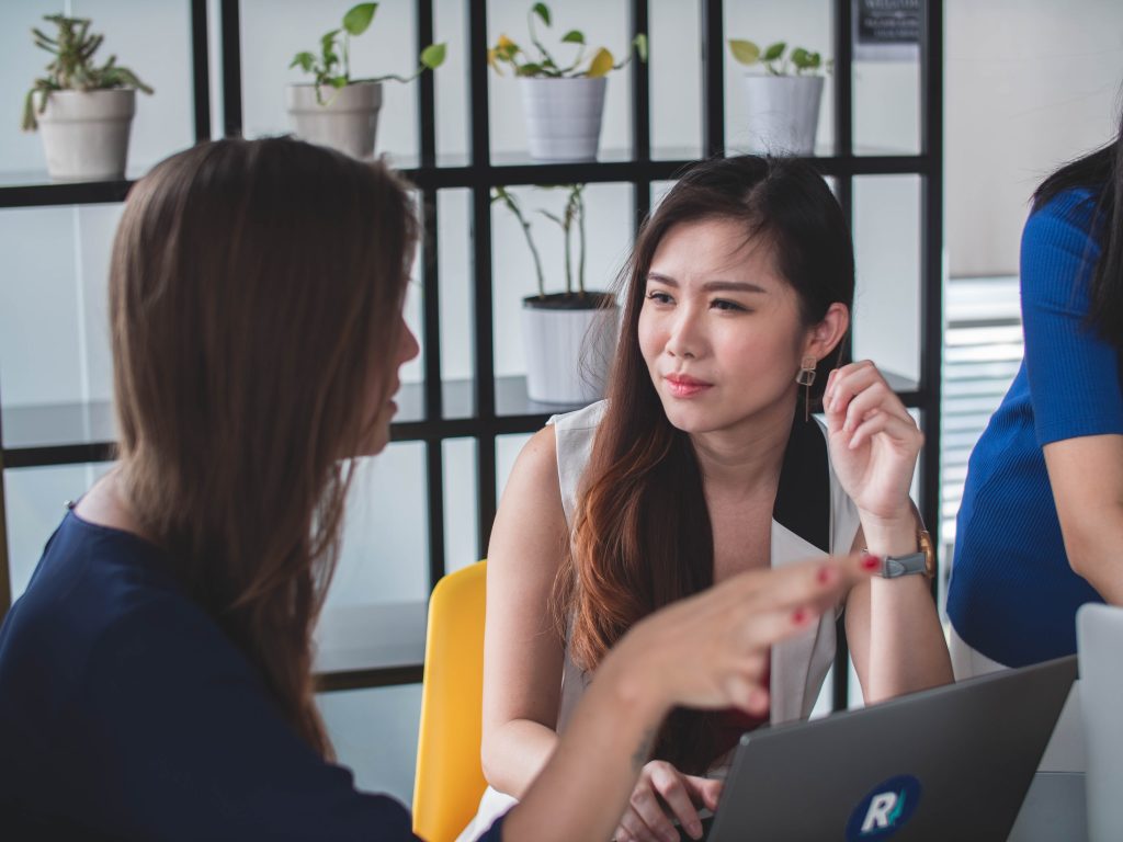 Women having conversation by laptop